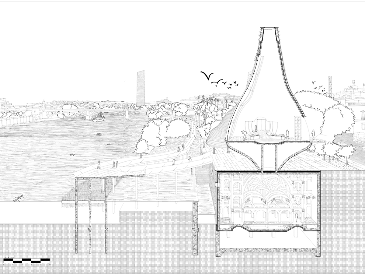 1:50 Perspective section detail cutting along the short axis, showing the Guadalquivir River and Torre Sevilla in the background.