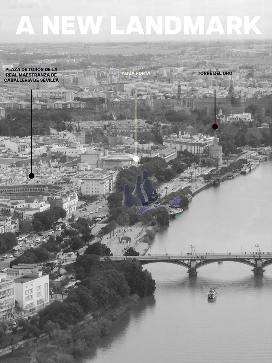 Aerial view showing the building between two recognised landmarks in Seville, the bull ring and Torre del Oro.