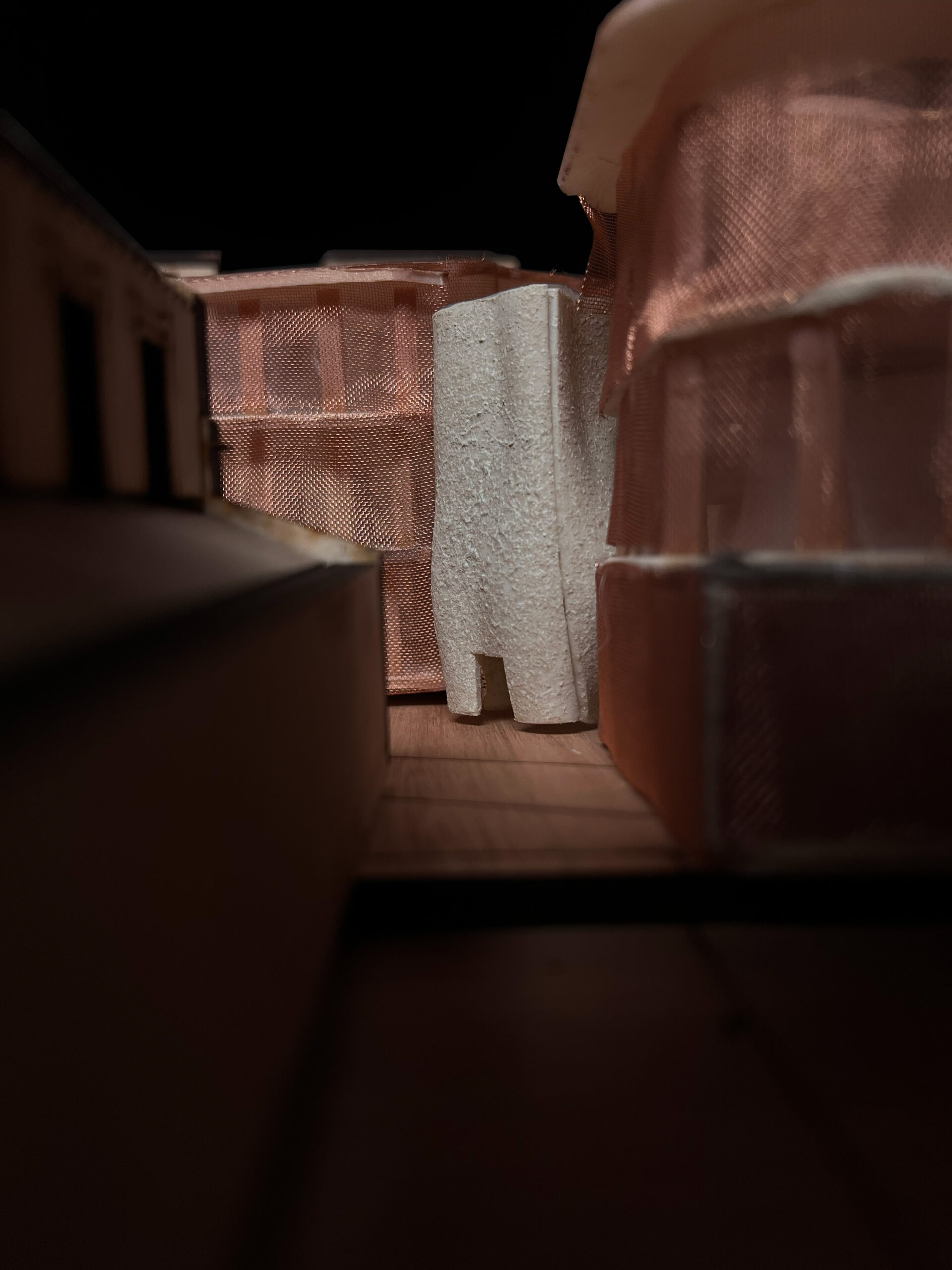 Image of physical model, zoomed into the entrance/atrium part of the model