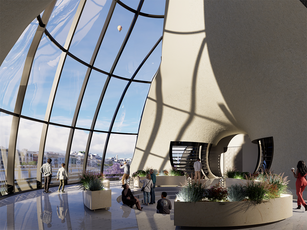 Visual of the arrival hall with a large window looking over the Guadalquivir River.
