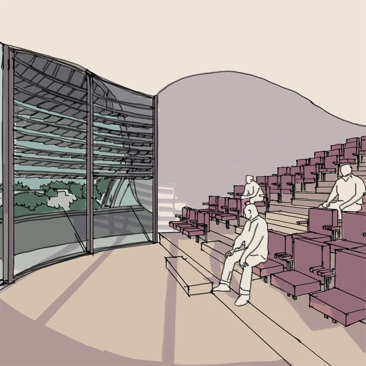 Storyboard image showing the auditorium with large windows at the front.