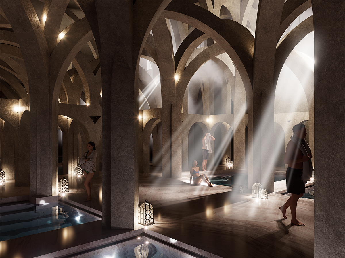 Interior visual of the indoor baths, a place of refuge from the desert of Seville in 2050. Strobes of sunlight beam in from the top right into a space full of archways and plunge pools.