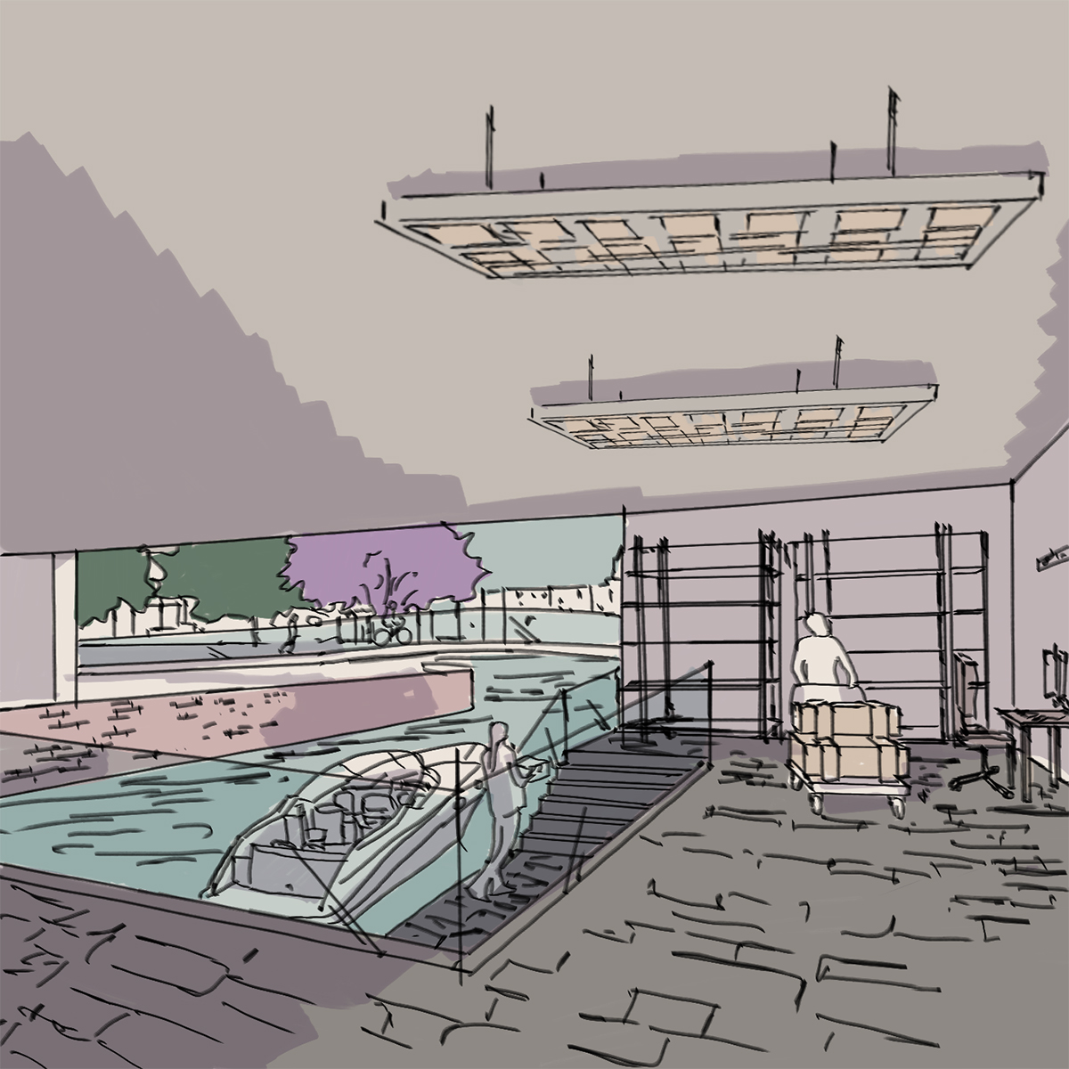 Storyboard image of the boat workshop with a boat docked and researchers going about their business.