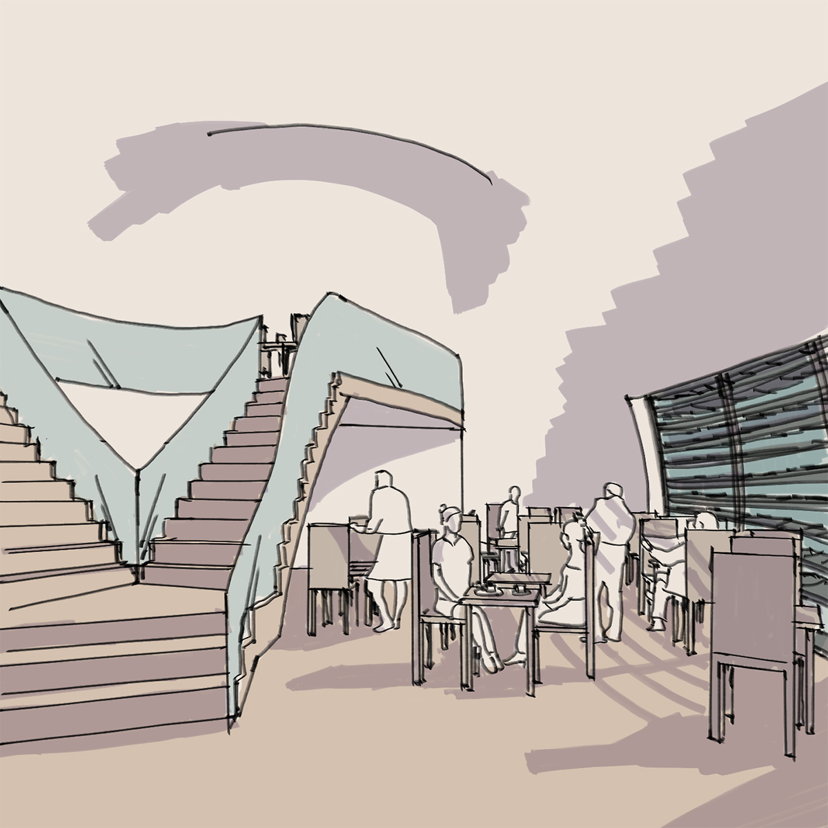 Storyboard showing the cafe space with stairs up to a mezzanine.