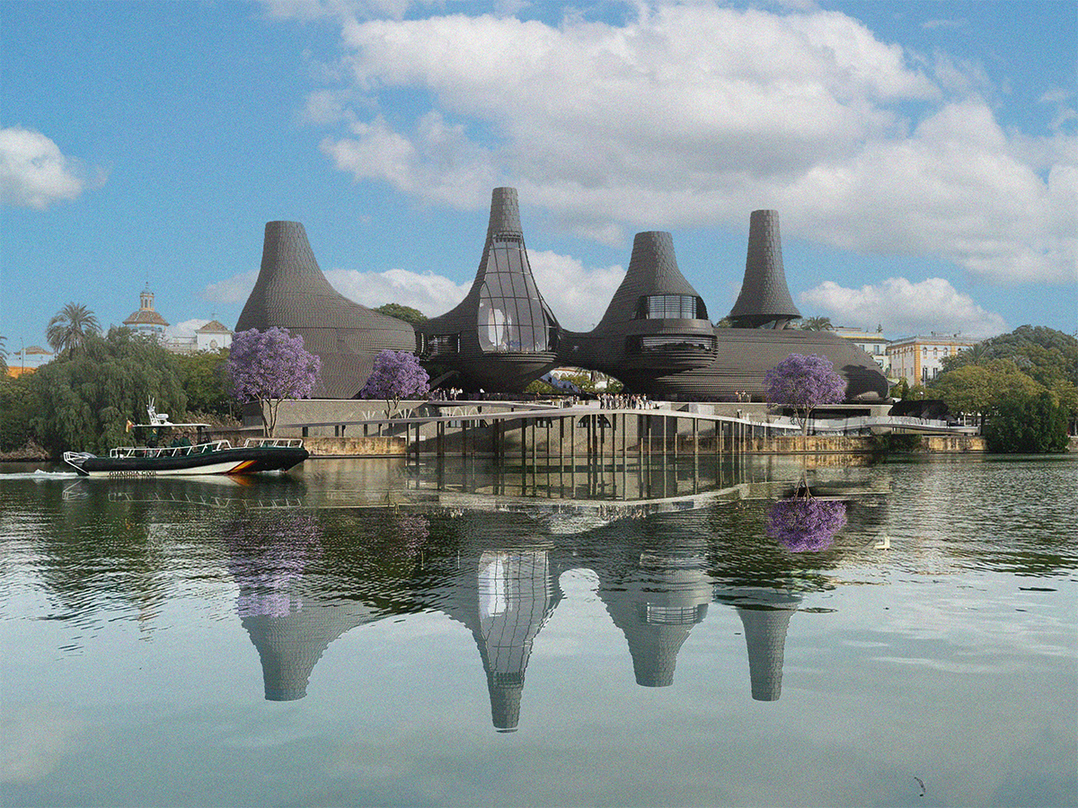 Visual showing the West facade from across the Guadalquivir River.