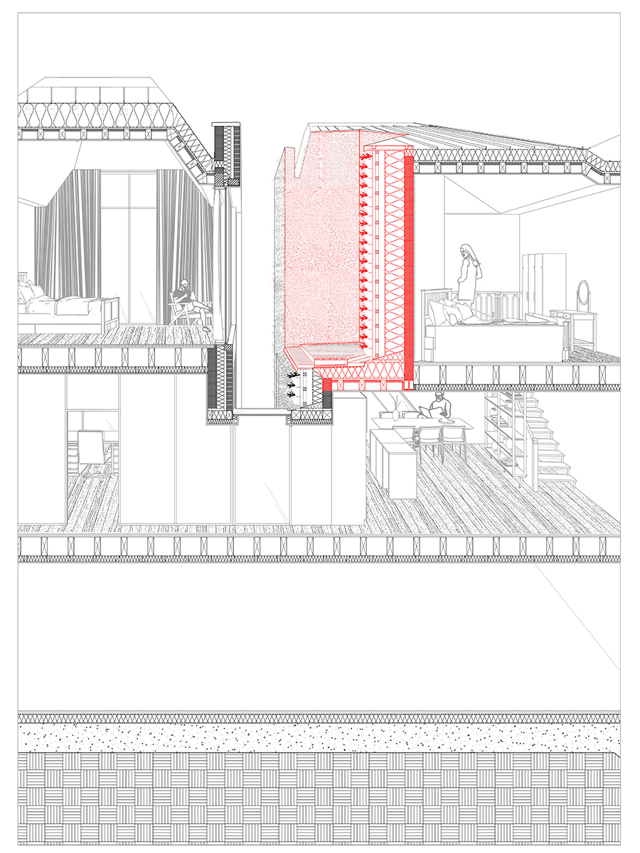 1:50 Perspective section detail highlighting the addition of a small garden space on the second floor.