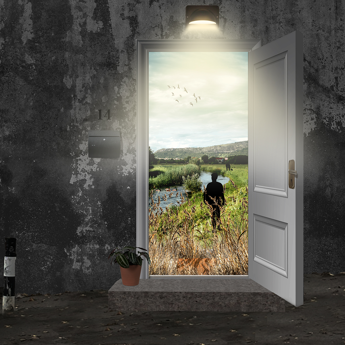 Concept artwork showing a dark, cold concrete wall with a doorway to a vast open green space.