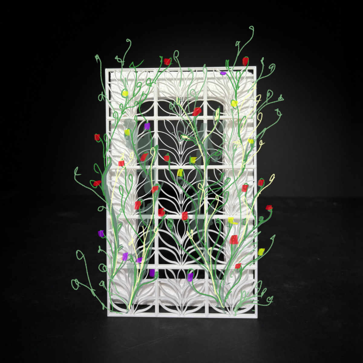 Image of a facade study model demonstrating how plants are able to climb up the metal frame.