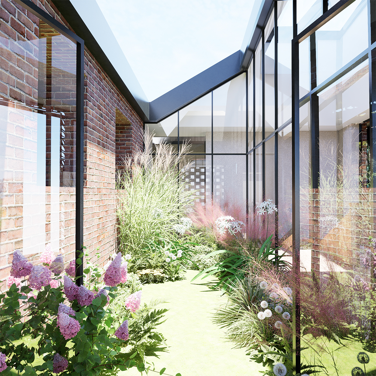 Visual looking into a small garden space on the second floor.