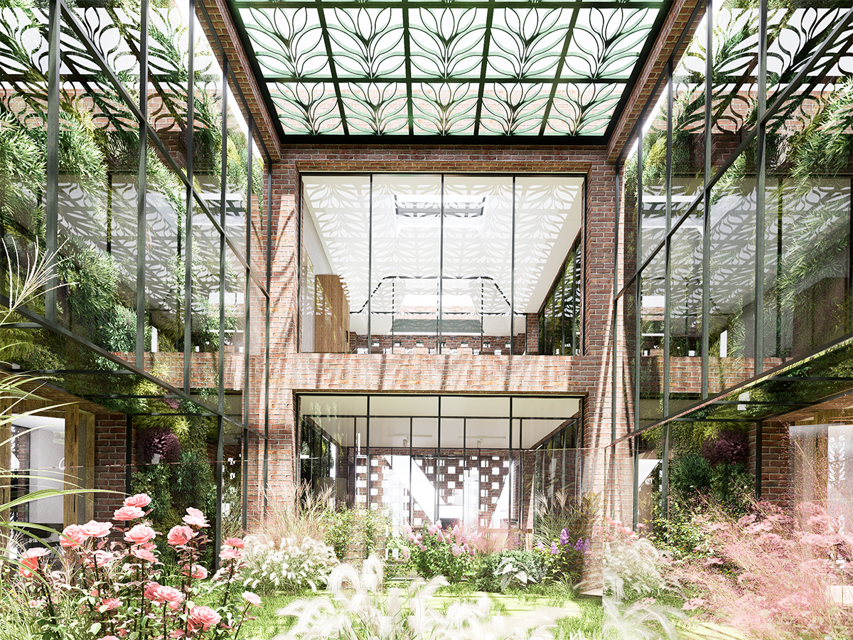 Visual of the central garden space where the occupants of the building commune. Biodiversity corridors can be seen through glass on either side.