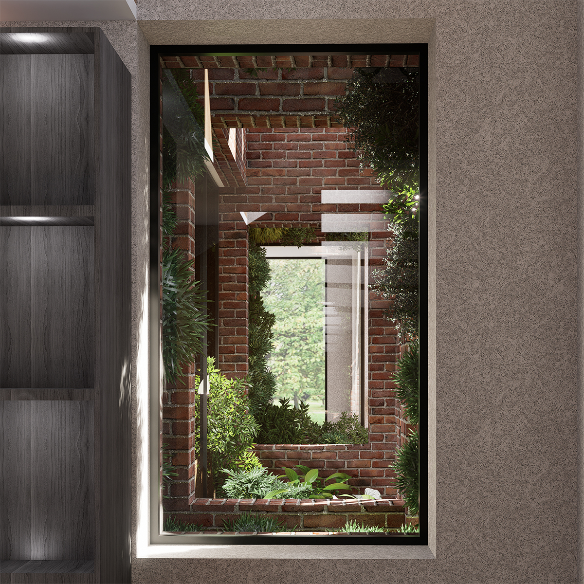 Visual looking through a window at the end of the kitchen, connecting both occupants with a small garden space.