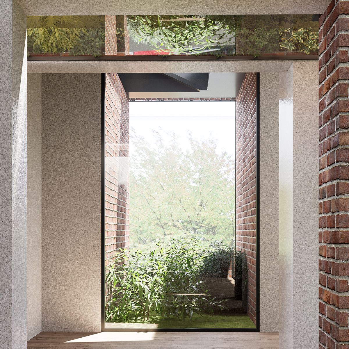 Visual showing a small garden space at the end of a corridor, creating a moment of pause.