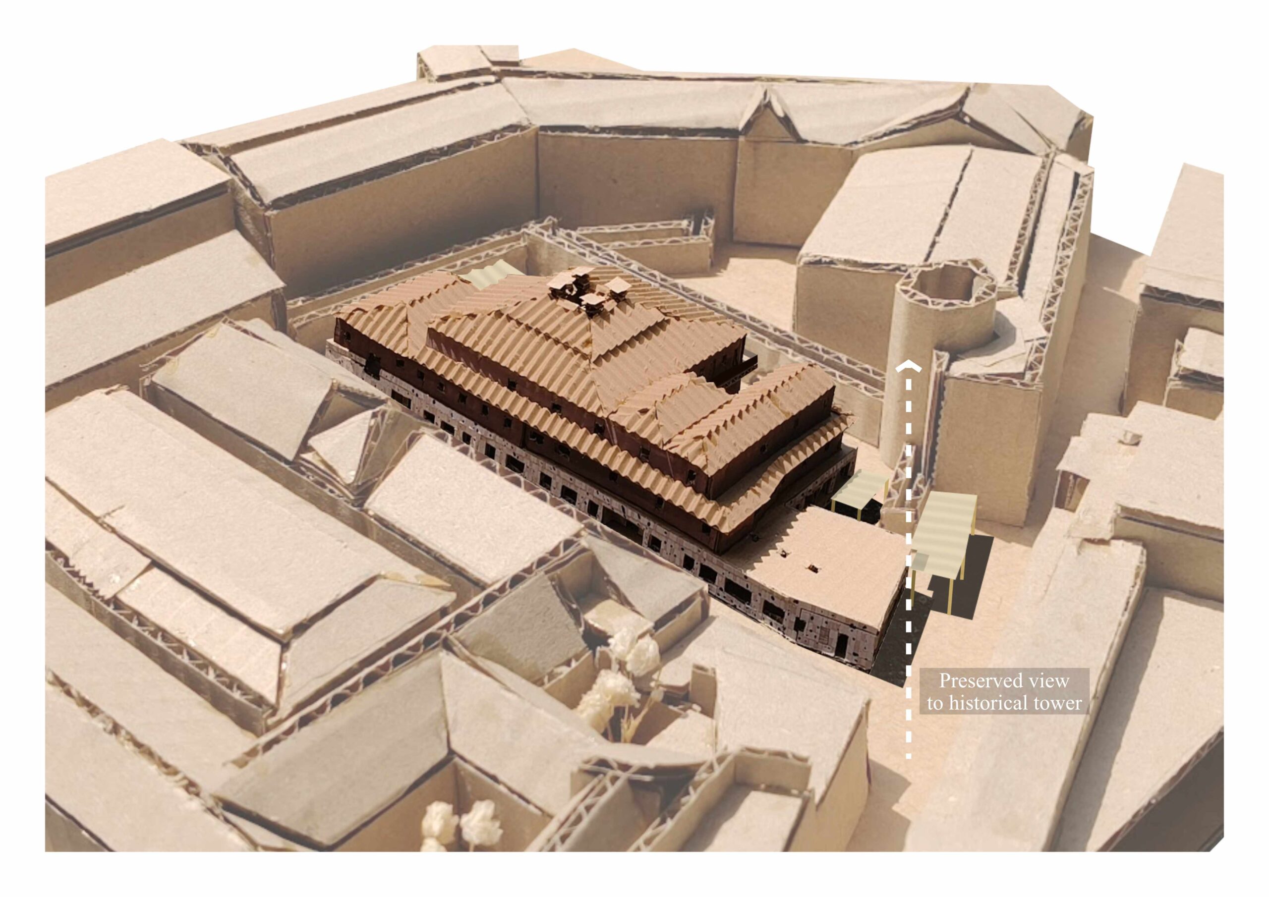 Annotated physical model made of carboard in its context