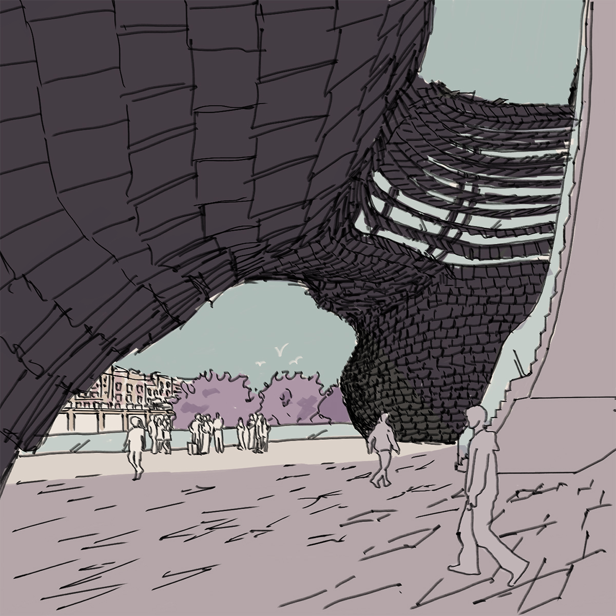Storyboard image showing the building arching over the public realm.