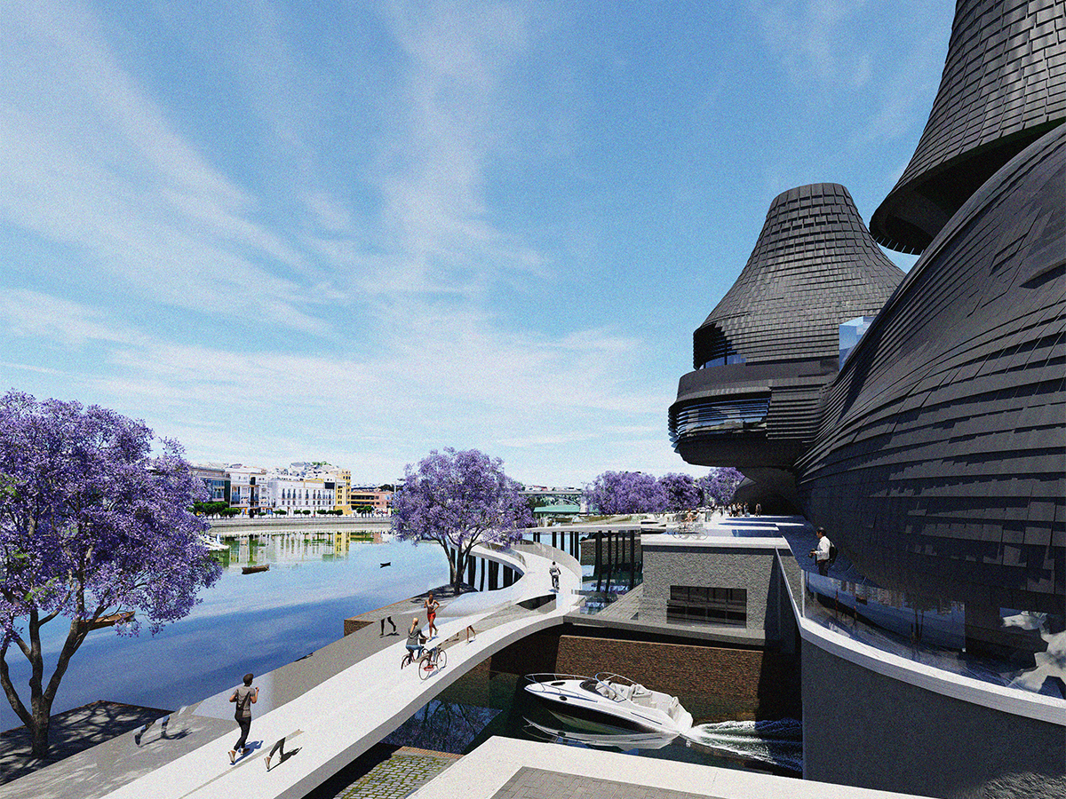 Visual looking onto the public walkway with the black tiled building on the right and boat exiting the workshop on the river.