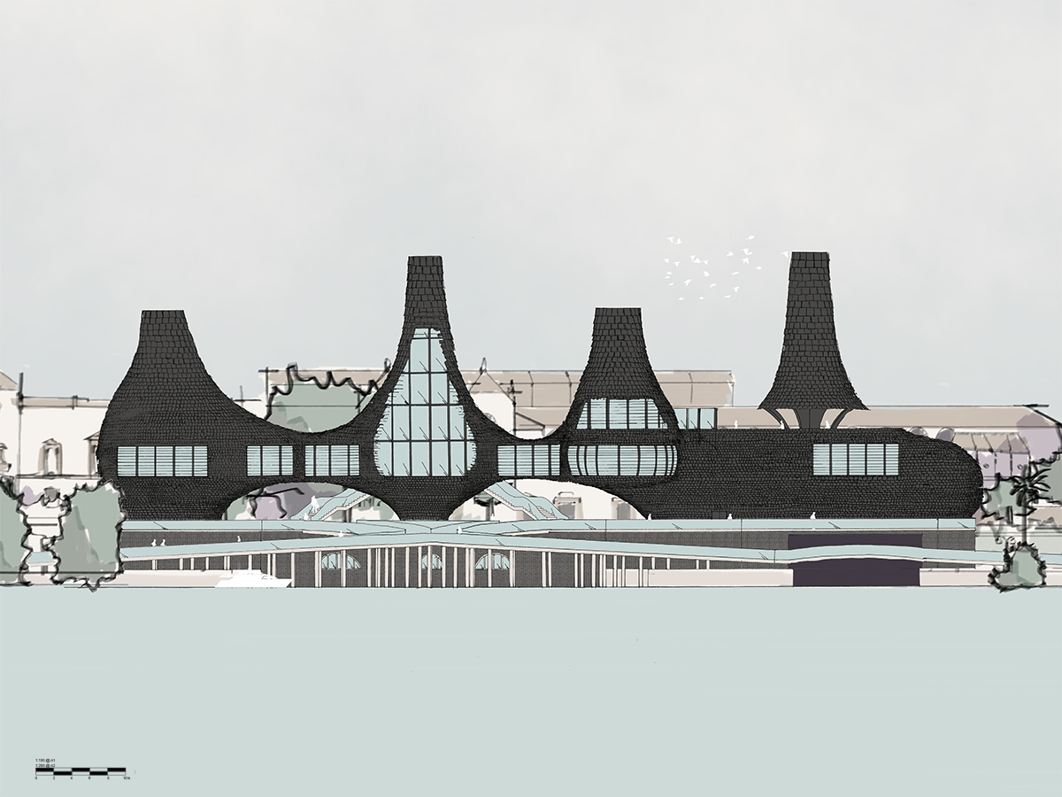 1:200 West Elevation, showing the building's four towers.