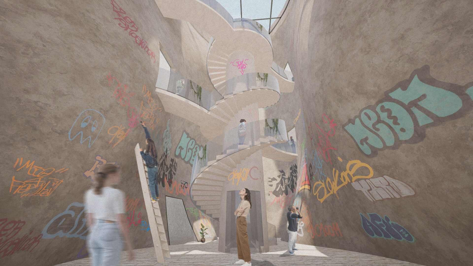 Interior render that shows the atmosphere of the internal atrium space