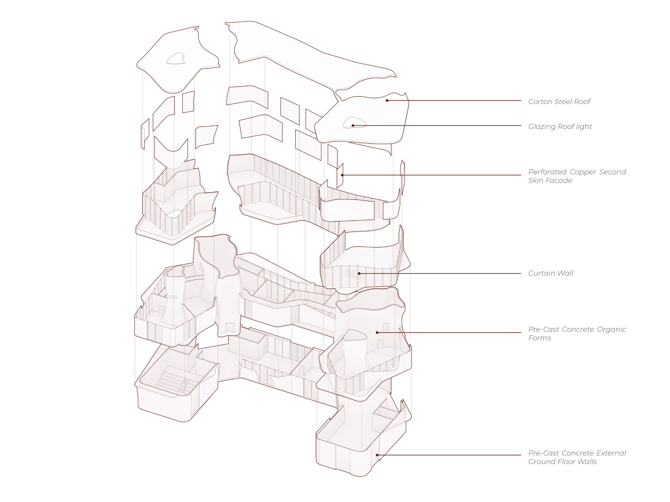 an exploded axonometric drawing that shows each layer of the design