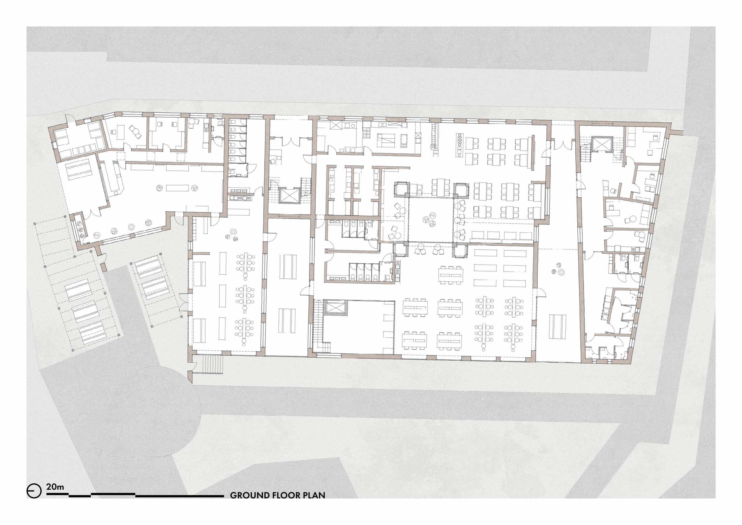 A rendered drawing showing the ground floor plan